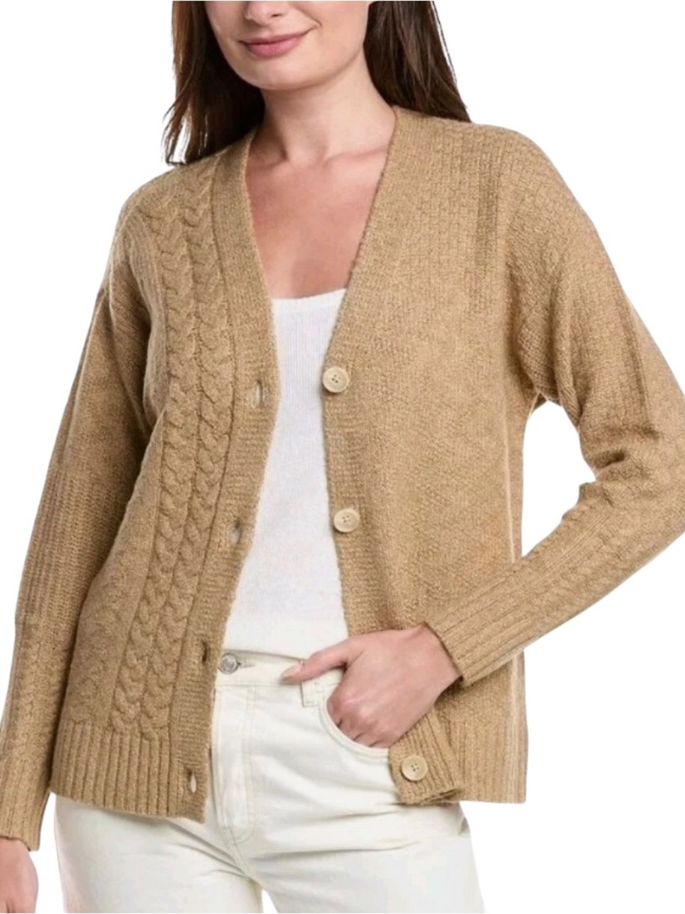 CAbi neighbor Tan Cable-knit Front Button v neck Cardigan size small